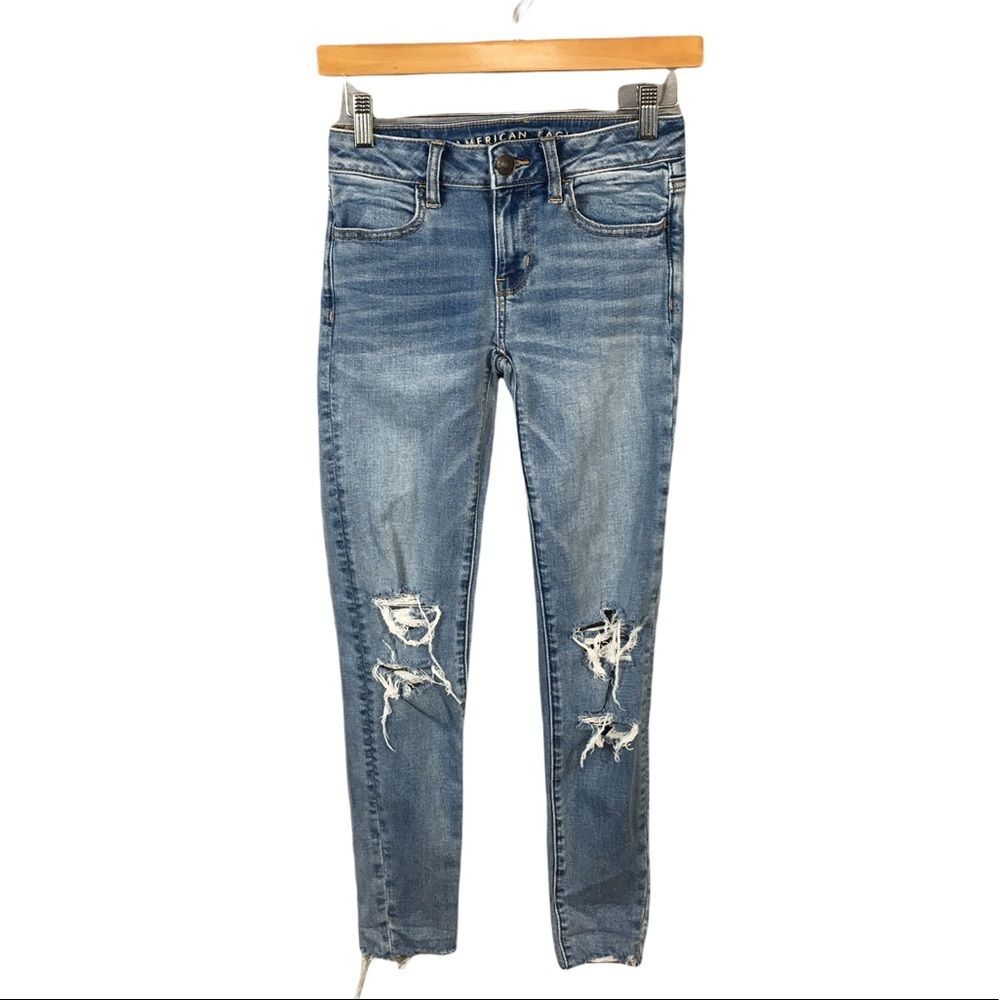 WJ308 Women’s AMERICAN EAGLE Super Stretch Distressed Jegging Jeans 00